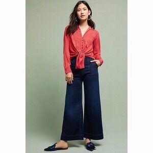 Anthropologie MAEVE Matilda Buttondown Tie Waist Red Polka Dot‎ Swiss Dot Large